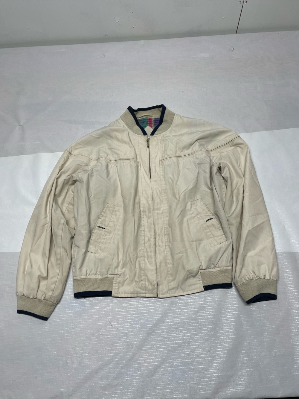 Cream Bomber Jacket with Contrast Navy Trim Sz:Small